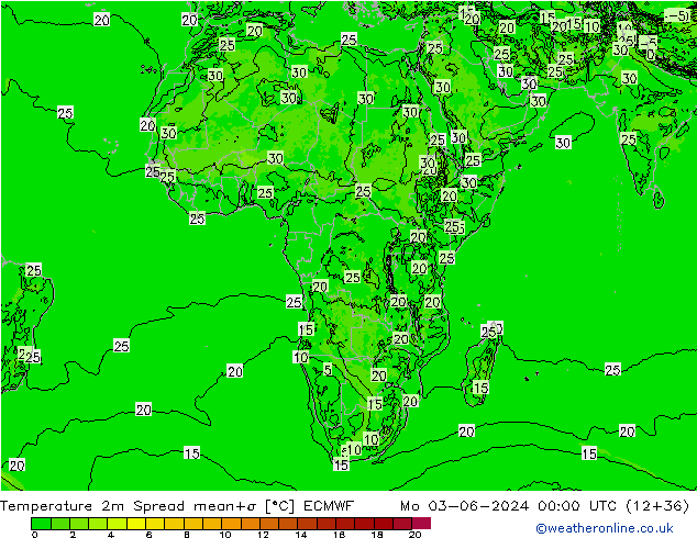 Temperature 2m Spread ECMWF Mo 03.06.2024 00 UTC