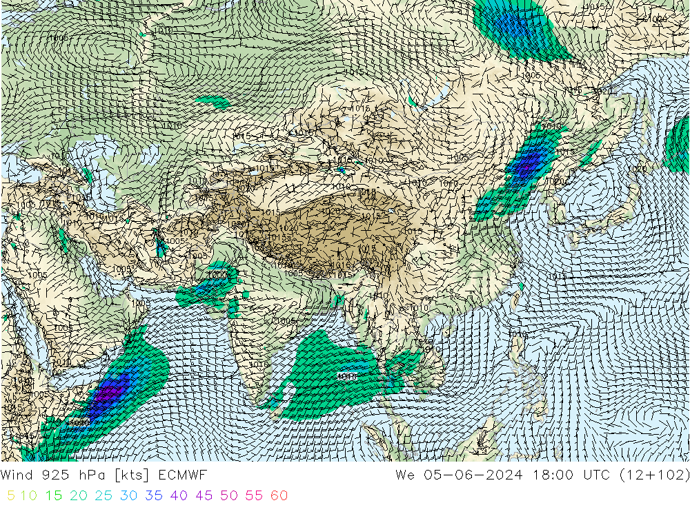 Vent 925 hPa ECMWF mer 05.06.2024 18 UTC