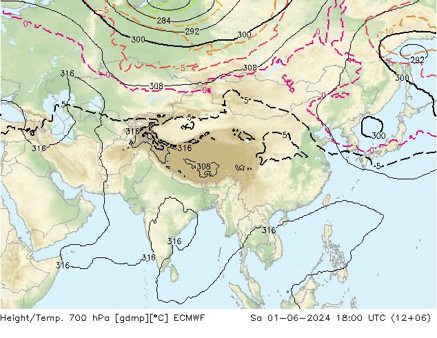 Géop./Temp. 700 hPa ECMWF sam 01.06.2024 18 UTC