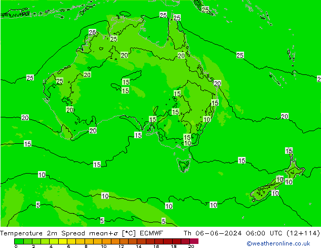 Temperatura 2m Spread ECMWF gio 06.06.2024 06 UTC
