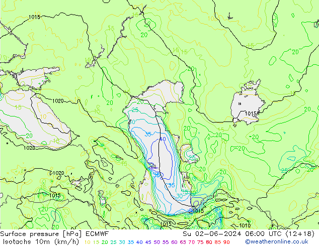 Izotacha (km/godz) ECMWF nie. 02.06.2024 06 UTC
