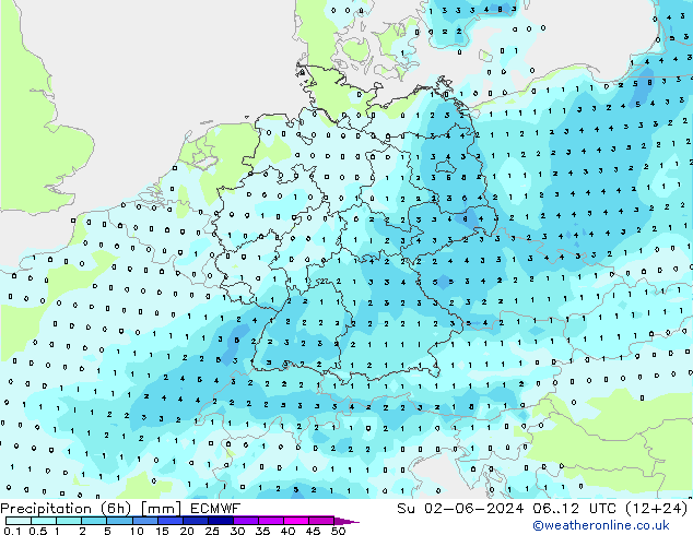 Precipitation (6h) ECMWF Su 02.06.2024 12 UTC