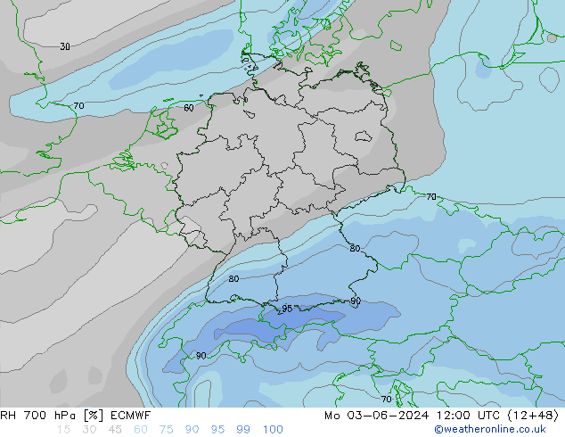 RH 700 hPa ECMWF Mo 03.06.2024 12 UTC