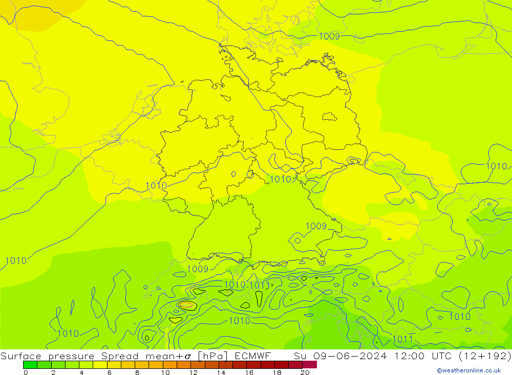 Atmosférický tlak Spread ECMWF Ne 09.06.2024 12 UTC