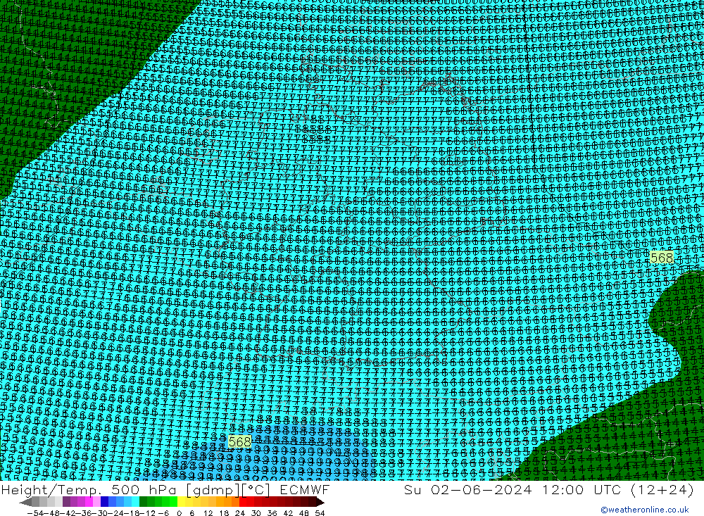 Height/Temp. 500 hPa ECMWF Su 02.06.2024 12 UTC