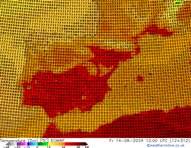 Temperatuurkaart (2m) ECMWF vr 14.06.2024 12 UTC