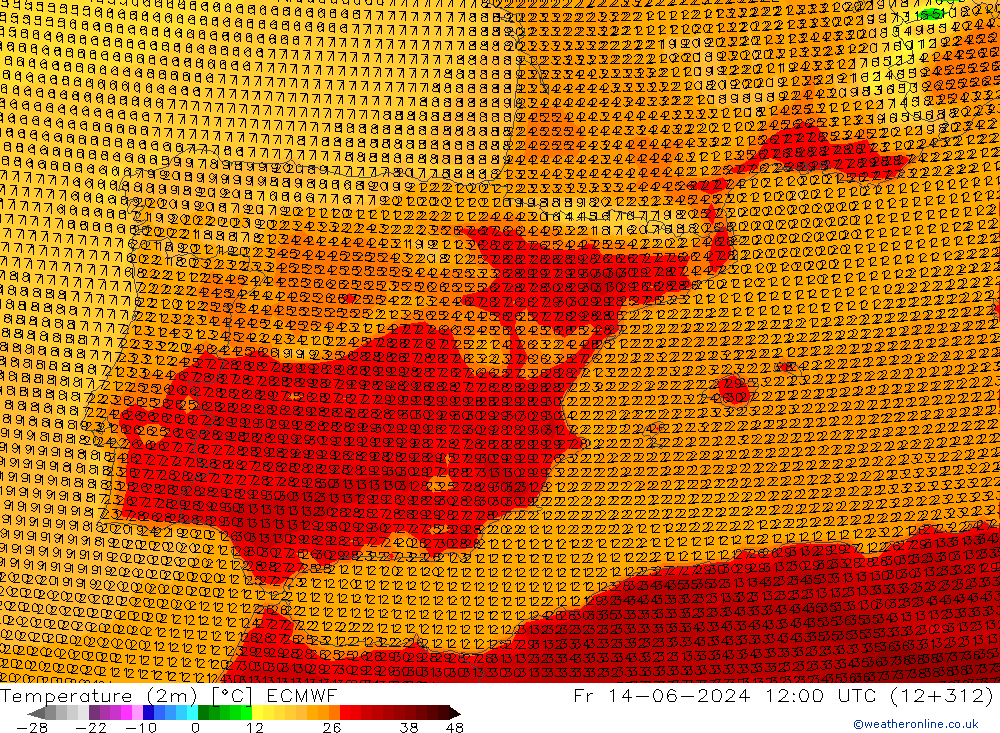 Temperatura (2m) ECMWF vie 14.06.2024 12 UTC