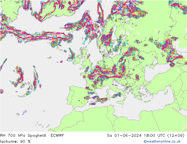 RH 700 hPa Spaghetti ECMWF sab 01.06.2024 18 UTC