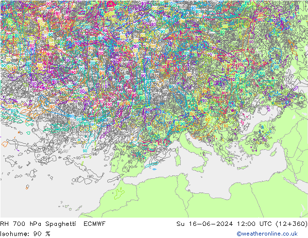 RH 700 hPa Spaghetti ECMWF  16.06.2024 12 UTC