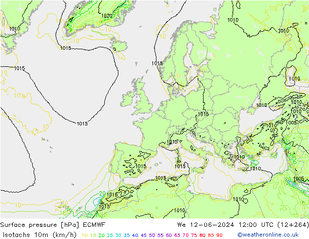 Isotachen (km/h) ECMWF wo 12.06.2024 12 UTC