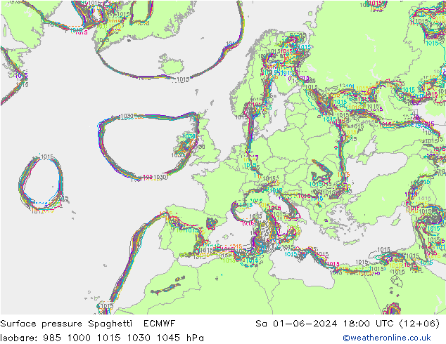 Pressione al suolo Spaghetti ECMWF sab 01.06.2024 18 UTC