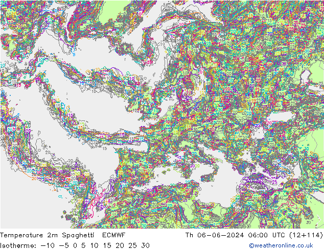 Temperature 2m Spaghetti ECMWF Th 06.06.2024 06 UTC