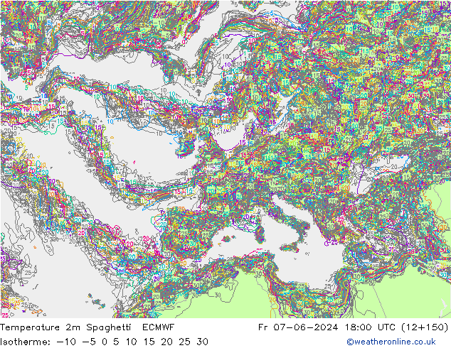 Temperatura 2m Spaghetti ECMWF Sex 07.06.2024 18 UTC