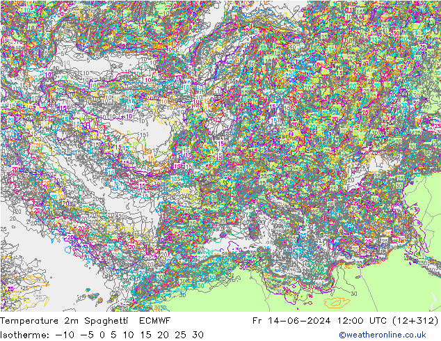 Temperature 2m Spaghetti ECMWF Fr 14.06.2024 12 UTC
