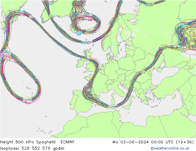 Height 500 hPa Spaghetti ECMWF Po 03.06.2024 00 UTC