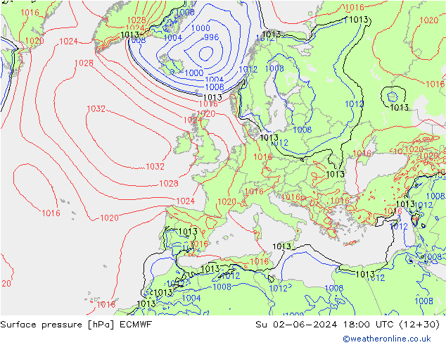 Presión superficial ECMWF dom 02.06.2024 18 UTC