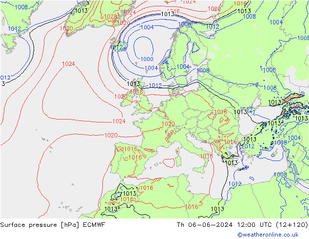 Luchtdruk (Grond) ECMWF do 06.06.2024 12 UTC