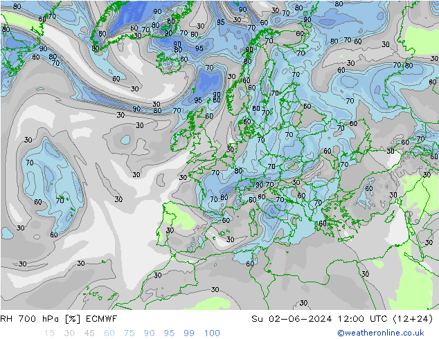 RH 700 hPa ECMWF Su 02.06.2024 12 UTC