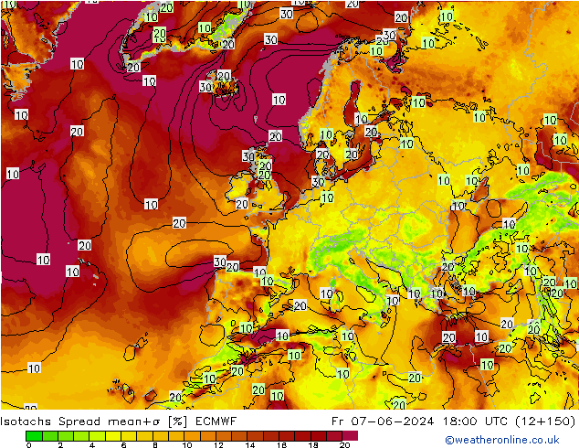 Isotachs Spread ECMWF Pá 07.06.2024 18 UTC