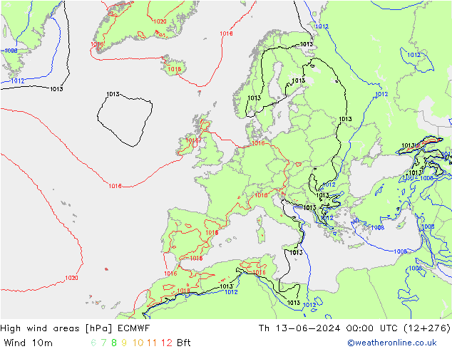 High wind areas ECMWF Th 13.06.2024 00 UTC