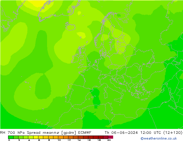 RH 700 hPa Spread ECMWF gio 06.06.2024 12 UTC