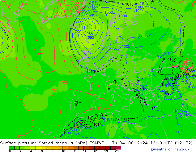 Luchtdruk op zeeniveau Spread ECMWF di 04.06.2024 12 UTC