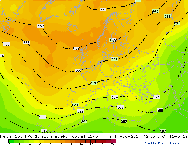 Height 500 гПа Spread ECMWF пт 14.06.2024 12 UTC