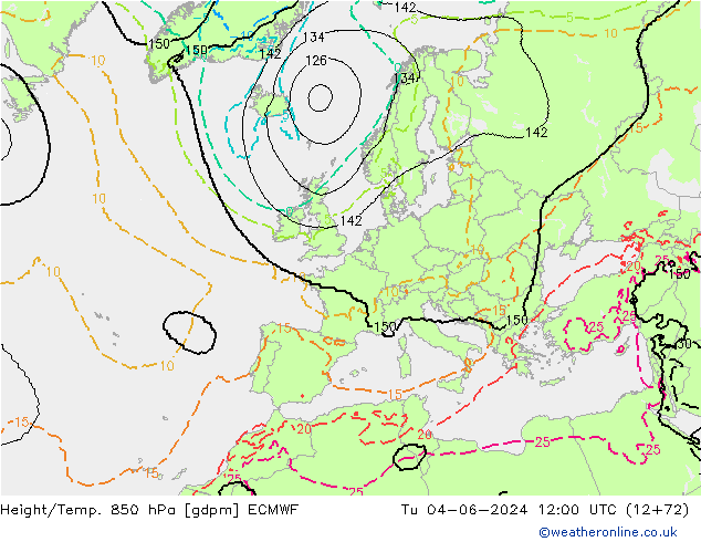 Height/Temp. 850 hPa ECMWF Di 04.06.2024 12 UTC