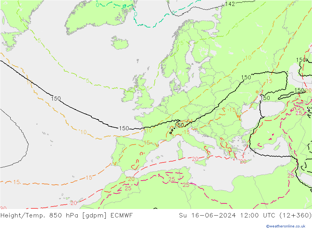 Geop./Temp. 850 hPa ECMWF dom 16.06.2024 12 UTC