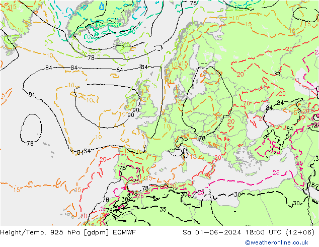 Height/Temp. 925 hPa ECMWF Sáb 01.06.2024 18 UTC