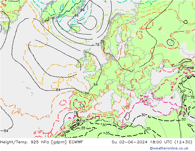 Geop./Temp. 925 hPa ECMWF dom 02.06.2024 18 UTC