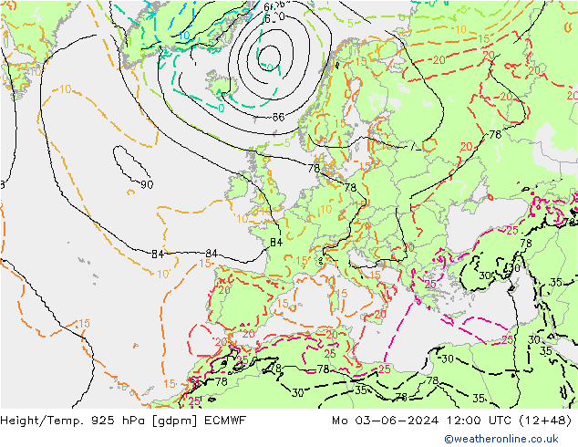 Hoogte/Temp. 925 hPa ECMWF ma 03.06.2024 12 UTC