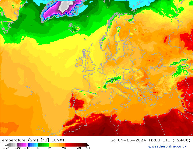 mapa temperatury (2m) ECMWF so. 01.06.2024 18 UTC