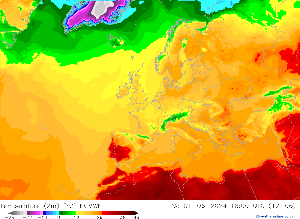 Temperature (2m) ECMWF So 01.06.2024 18 UTC