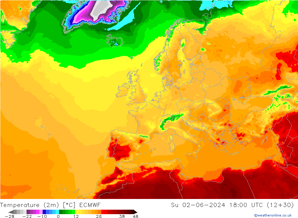 Temperatuurkaart (2m) ECMWF zo 02.06.2024 18 UTC