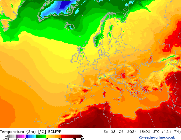 Temperatuurkaart (2m) ECMWF za 08.06.2024 18 UTC