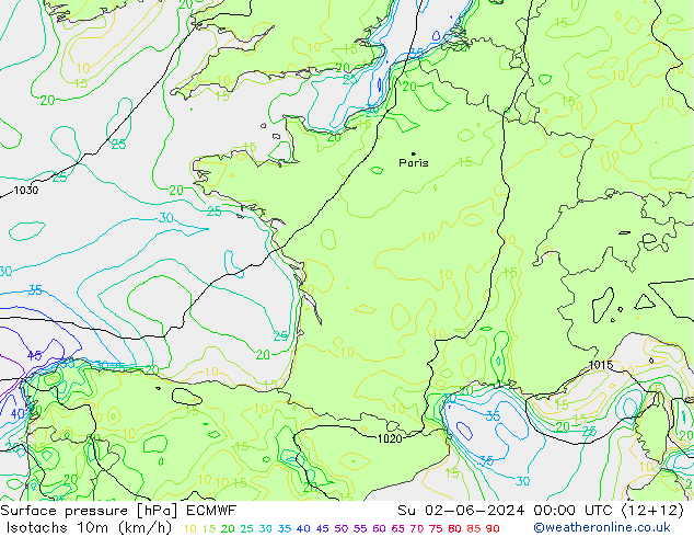 Isotachs (kph) ECMWF Dom 02.06.2024 00 UTC