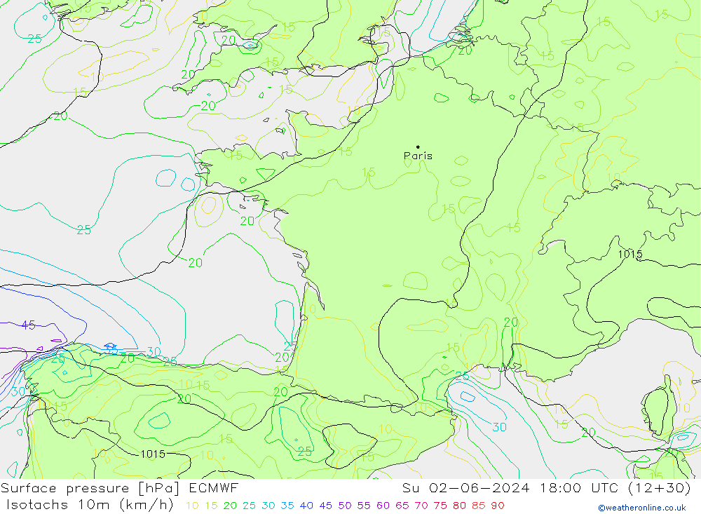 Isotachs (kph) ECMWF dim 02.06.2024 18 UTC