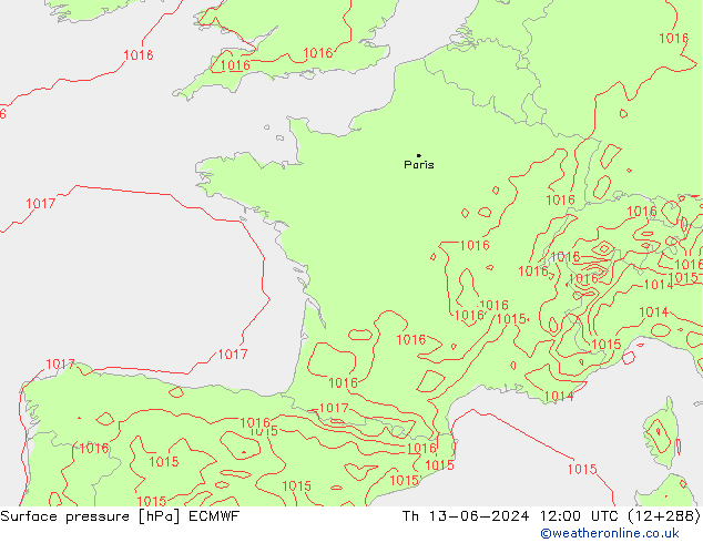 Surface pressure ECMWF Th 13.06.2024 12 UTC