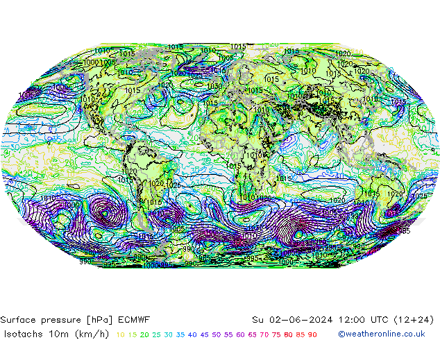 Isotachen (km/h) ECMWF So 02.06.2024 12 UTC