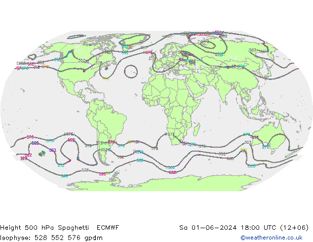 Height 500 hPa Spaghetti ECMWF Sa 01.06.2024 18 UTC