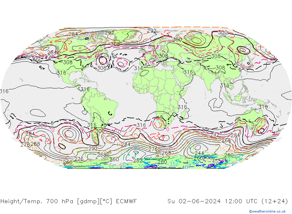Height/Temp. 700 hPa ECMWF Su 02.06.2024 12 UTC