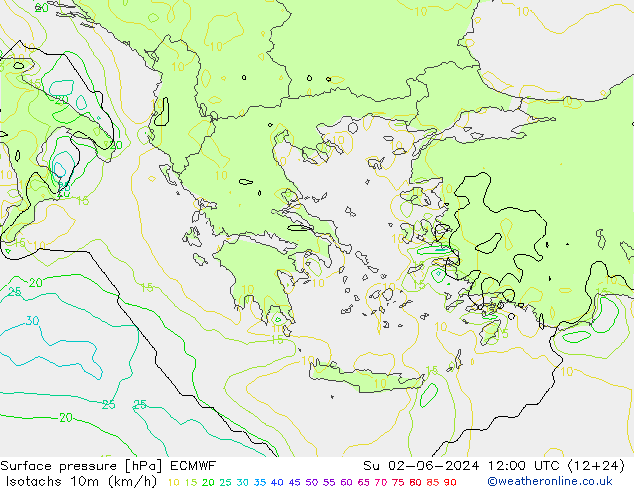 Isotachs (kph) ECMWF Ne 02.06.2024 12 UTC