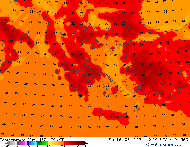 Sıcaklık Haritası (2m) ECMWF Paz 16.06.2024 12 UTC