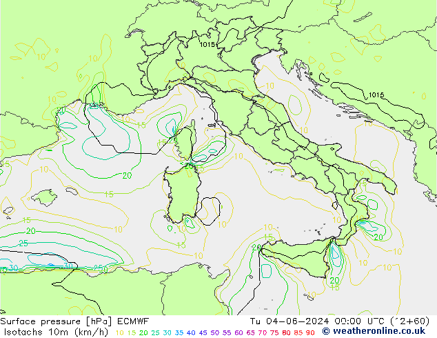 Isotachs (kph) ECMWF Tu 04.06.2024 00 UTC