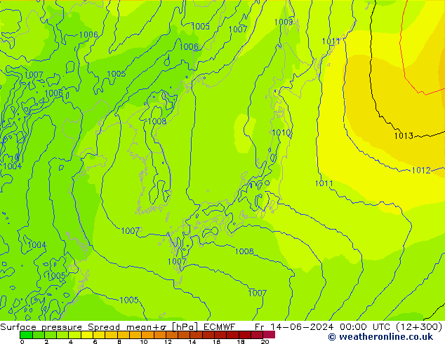 Pressione al suolo Spread ECMWF ven 14.06.2024 00 UTC