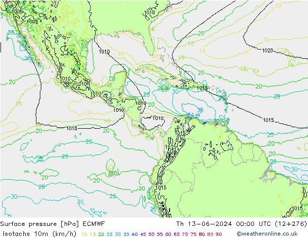 Izotacha (km/godz) ECMWF czw. 13.06.2024 00 UTC