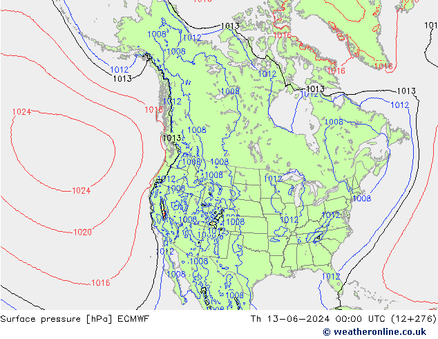 Surface pressure ECMWF Th 13.06.2024 00 UTC