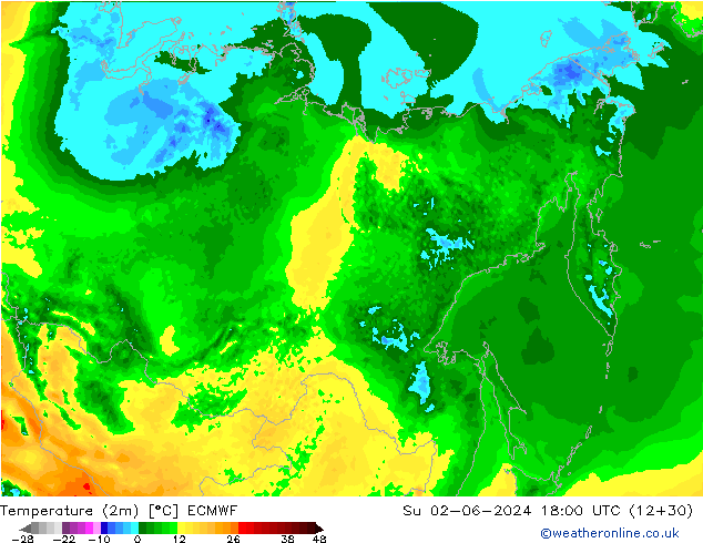Temperature (2m) ECMWF Su 02.06.2024 18 UTC
