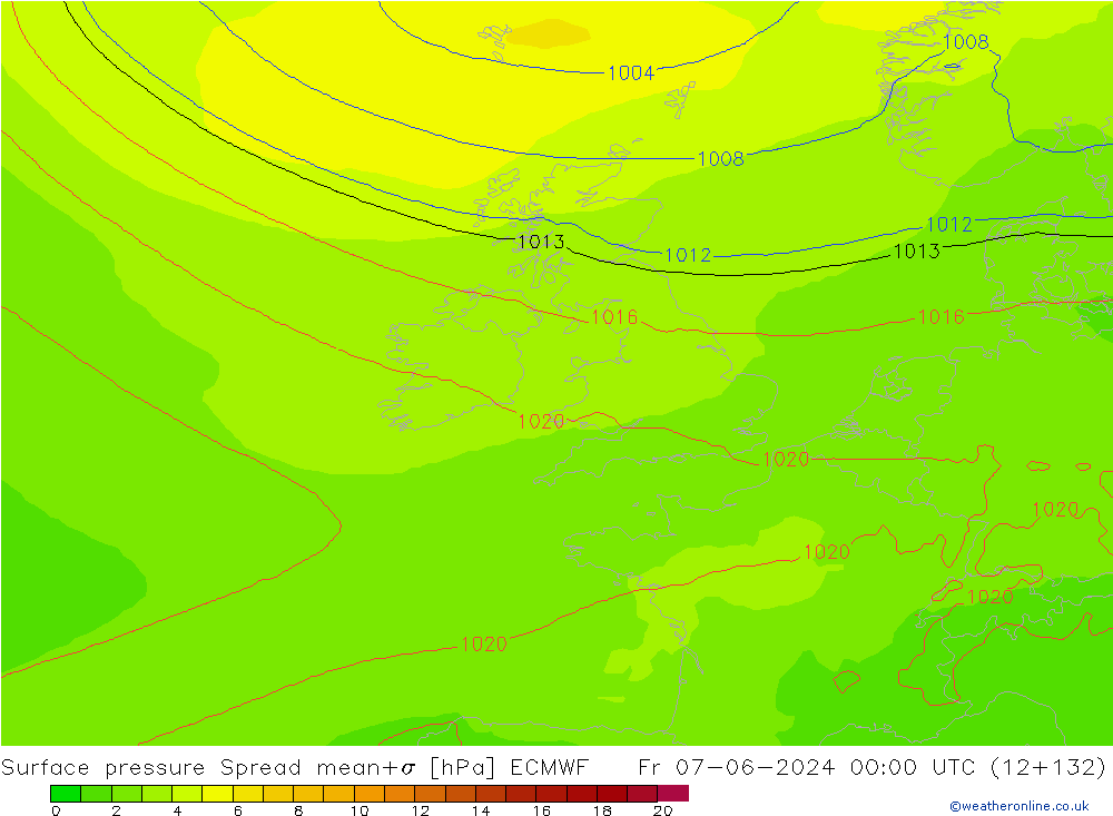 Luchtdruk op zeeniveau Spread ECMWF vr 07.06.2024 00 UTC